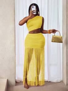 SHEIN BamGlam Bộ đồ gồm áo trễ vai gợi cảm và chân váy xếp ly tua rua màu cam dành cho nữ. - Màu vàng - Xem 7