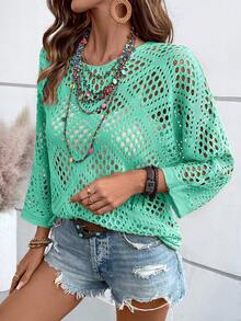 Breezaya Women's Vacation Casual Solid Color Hollow-Out Knit Sweater - Mint Green - View 4