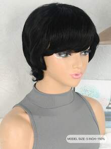 Peruca de cabelo humano com corte curto estilo Pixie, densidade de 150%, ondas encaracoladas, totalmente feita à máquina, cor preta natural, sem cola, sem renda, cabelo humano natural encaracolado e liso com franja, para uso diário e em feriados pelas mulheres - Natural Black - Visão 3