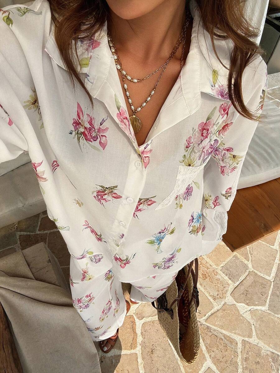 DAZY 女士时尚印花单排扣蕾丝口袋衬衫和休闲长裤两件套 - 白色 - 查看 1