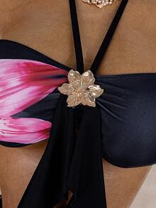 Swim Vcay Bộ đồ đi biển thời trang mới nhất dành cho nữ, trang phục thường ngày đi nghỉ mát, áo bikini buộc dây cổ màu đen in họa tiết hoa ly hồng, bộ 3 món váy maxi đi biển in lưới, đồ bơi mùa hè thanh lịch và gợi cảm, những bộ váy đẹp dành cho phụ nữ. - Nhiều màu - Xem 6