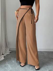 SHEIN Elenzya Pantaloni de costum largi, eleganți, de culoare caisă, în blocuri de culoare, pentru femei - Kaki - Vizualizare 5