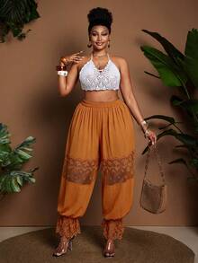 Maweii Plus Size Women Lace Patchwork Lantern Pants - Orange - View 5
