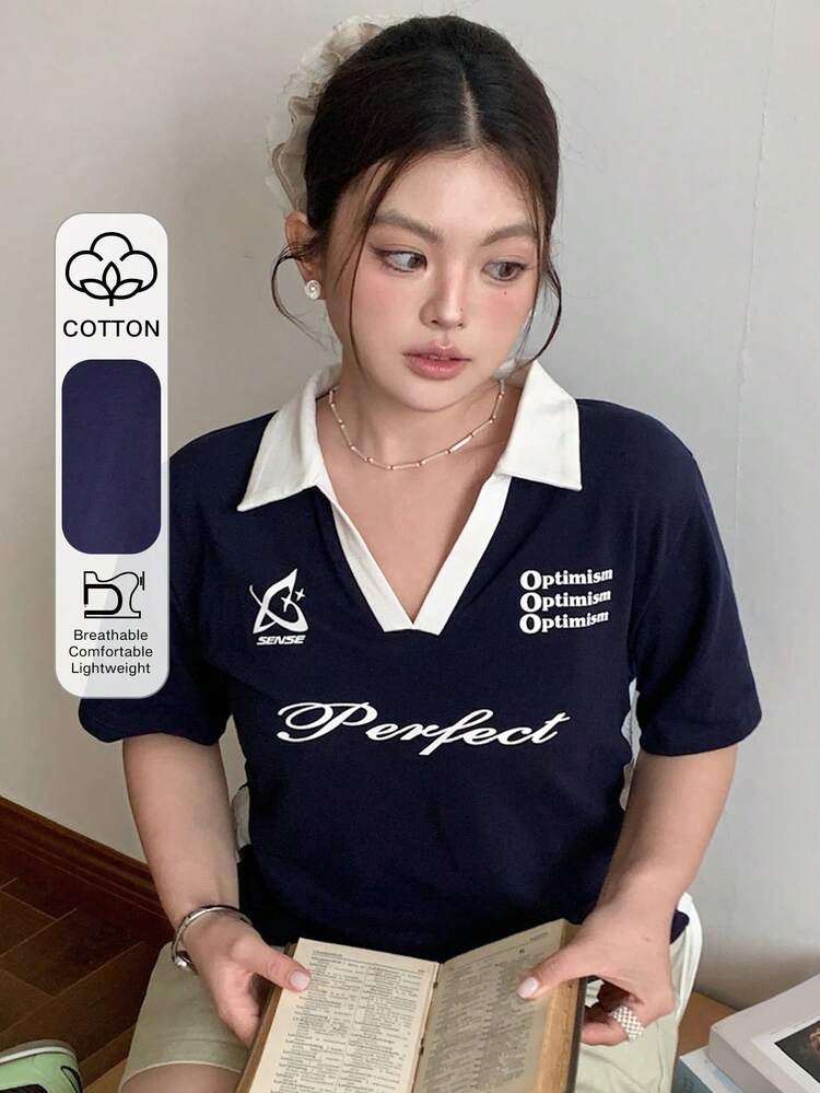 Dazy Plus Contrast Color Block V-Neck Letter Print Casual Plus Size T-Shirt For Women, Spring/Summer Graphic Tees Women