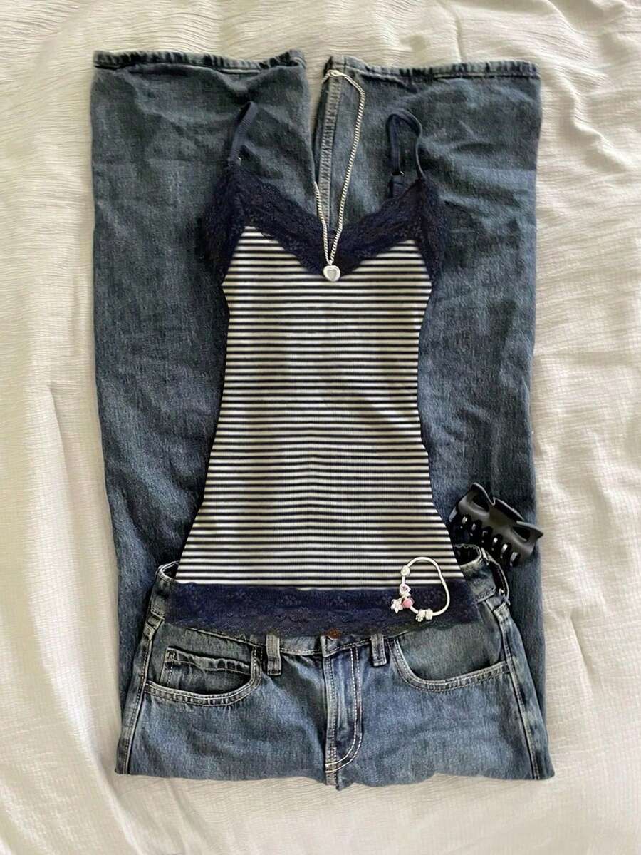 Glimmora Áo camisole nữ dáng ôm, phối ren, in họa tiết sọc, kiểu dáng thường ngày. - Nhiều màu - Xem 1
