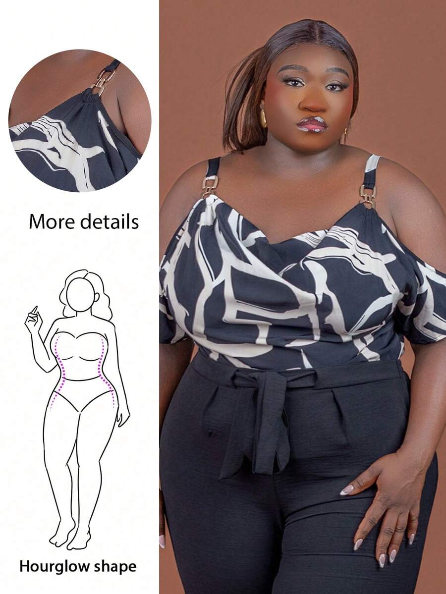 CurvyTilda Plus Size Women's Print Cold Shoulder Top, For Hourglass Body Shape - Black and White - View 1