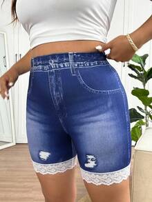 SHEIN Frenchy Quần short dáng ôm, phối ren, hiệu ứng denim, cỡ lớn. - Nhiều màu - Xem 6