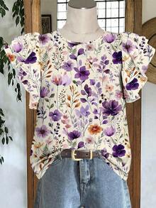 Mellowie Plus Size Women Floral Print Round Neck Casual Versatile Daily Wear Shirt Ruffle Sleeve Blouse Floral Print Top Casual Tops For Women Spring Outfits For Women Blouse For Women - Multicolor - View 5