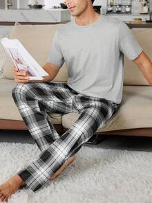Conjunto de ropa de estar en casa para hombre con top de lino gris casual y pantalones de pijama con estampado a cuadros - Multicolor - Ver 5