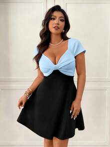 Femmeverse Plus Size Women Patchwork Ruched Waist Elegant Party Dress - Multicolor - View 4