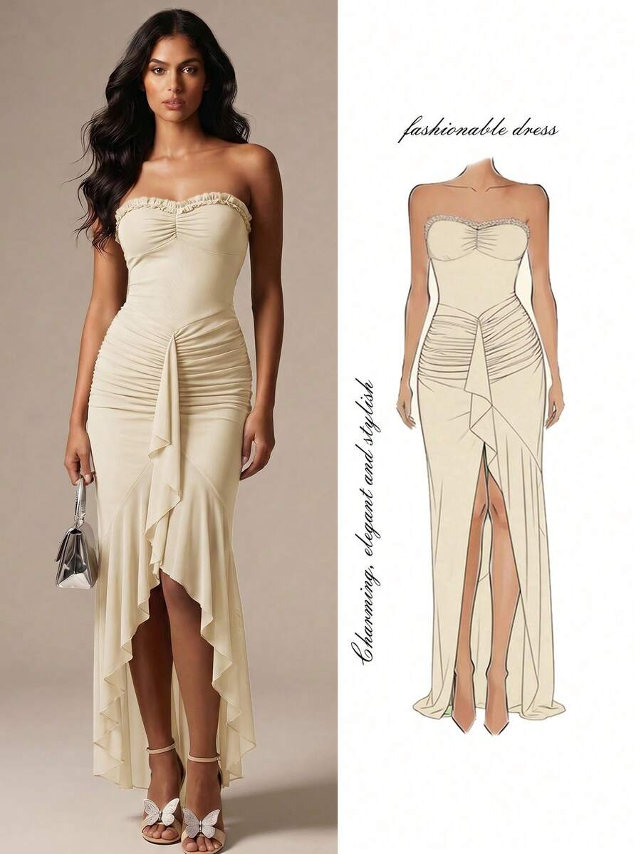 SHEIN Glamour Vestido corto de mujer de malla beige con escote de corpiño y volante en el bajo, vestido de fiesta de boda, vestido de cóctel de boda, vestido de verano con abertura, vestido elegante para fiestas, vestido maxi con volantes y escote corazón, vestido de fiesta, graduación, banquete, cumpleaños, celebración elegante y glamorosa para mujer, vestido suave y elástico para festivales y playa - Albaricoque - Ver 1