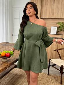 Plus Size Blue Asymmetrical Shoulder Ruffle Sleeve A-Line Casual Dress Fall - Army Green - View 5