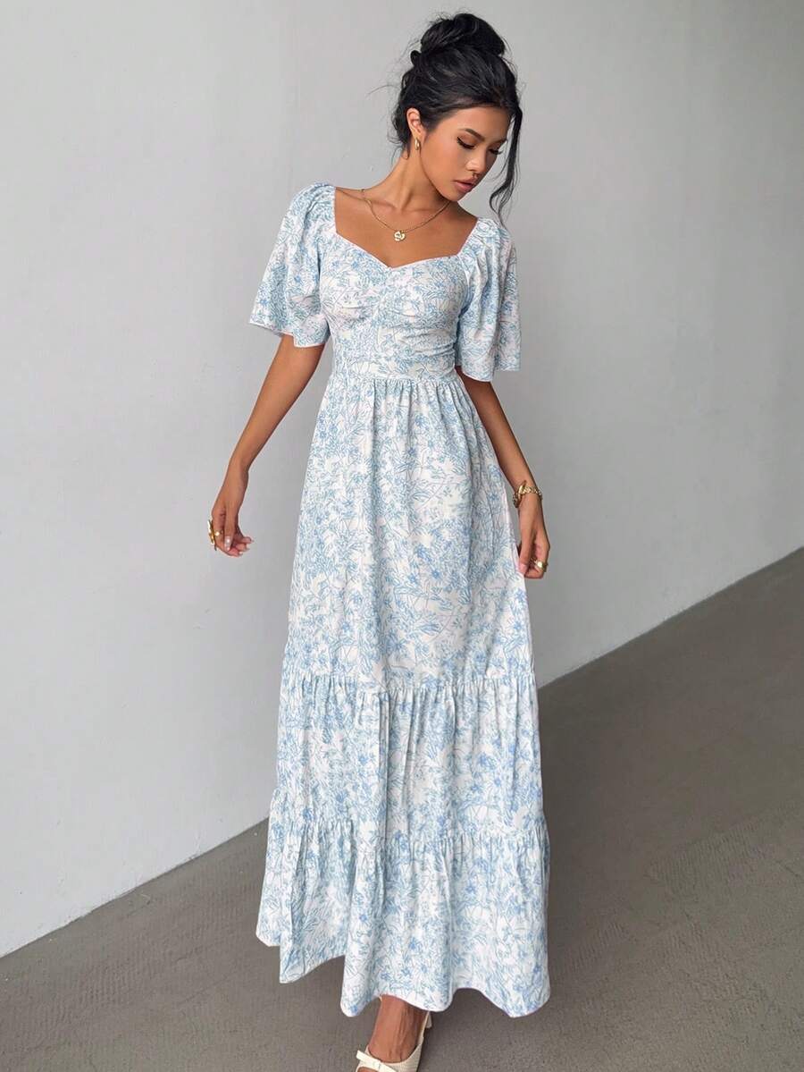 Selianne Đầm maxi ngắn tay xếp ly in hoa mùa hè, thích hợp đi biển, lễ hội âm nhạc. - Màu xanh lam - Xem 1
