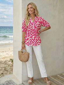 Camisa de mujer con estampado de leopardo rosa de estilo minimalista casual, adecuada para primavera/verano - Multicolor - Ver 5