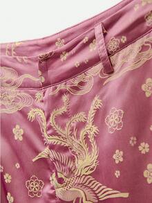 Nöista Chinesischer Stil Satin-Jacquard Zweiteiler Set mit ärmellosem Stehkragen-Top, rosa Party-Outfit, elegantes Ausgehen, Hochzeitsgast, Herbst-Matching-Set - Pink - Übersicht 14