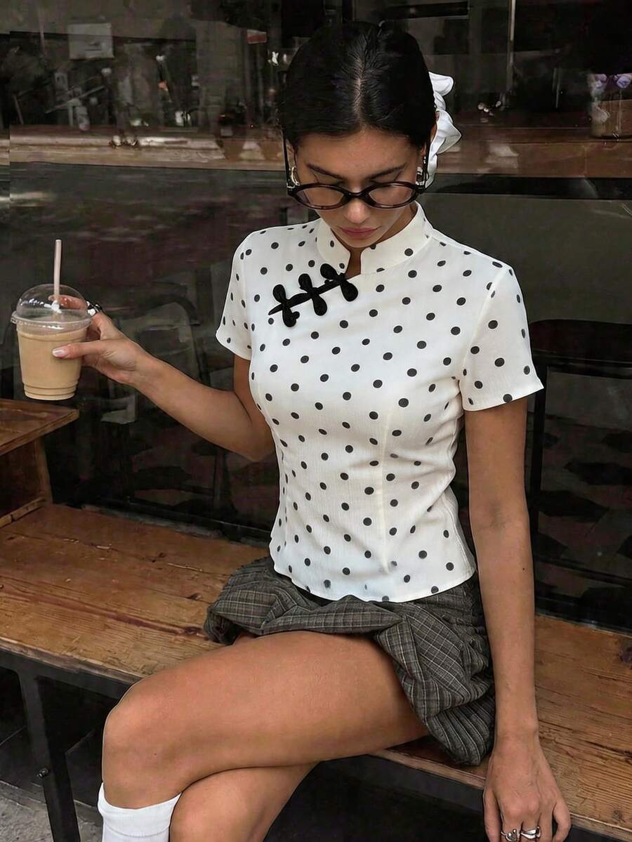 Aloruh 杏色新款中式立领短袖束腰衬衫，春夏新款女装