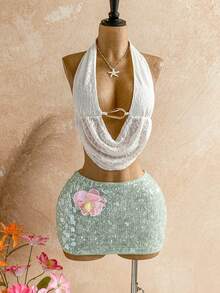 Soleia 女士夏季Y2K毕业季度假派对音乐节休闲薄荷绿迷你裙，饰有精致亮片3D花朵（有衬里）。夏季女装、节日女装、沙滩装、亮片裙 - 薄荷綠 - 查看 4