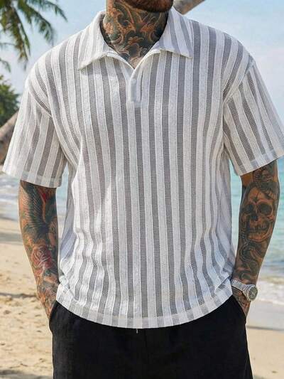 Men's Striped Short Sleeve Casual Loose Polo Collar T-Shirt, Summer