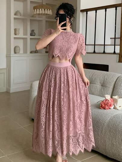 Women's Loose Casual Lace Cropped Top And Skirt 2 Pieces Set, Spring/Summer Lounge Sets For Women