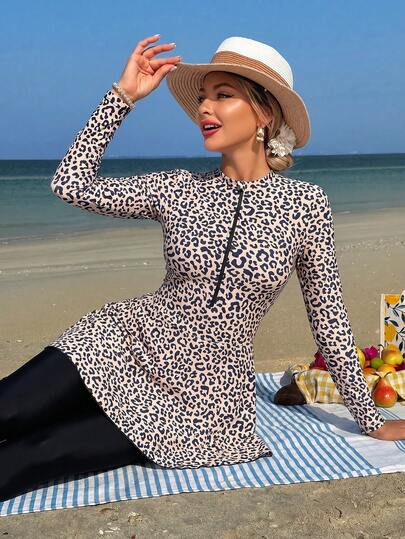 Swim Mulvari Women's Summer Vacation Casual Beach Outfit, Leopard Print Two Pieces Bikini Set With Long Sleeve Top And Pants, Zipper Dress, Holiday Swimsuit