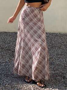 DAZY Falda a cuadros, falda elegante de verano para mujer - Caqui - Ver 1