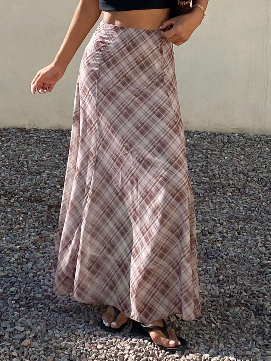 DAZY Falda a cuadros, falda elegante de verano para mujer - Caqui - Ver 1