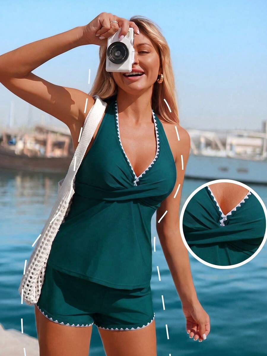Swim Lushoire Bộ bikini hai mảnh màu trơn dành cho nữ, kiểu áo hai dây và dây chéo phía trước, thoải mái và phù hợp cho kỳ nghỉ hè ở bãi biển. - Màu xanh ngọc - Xem 1