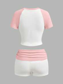 Slaydiva Women's White And Pink 2 Piece Set,Summmer Casual Workout Outfits,Round Neck Short Sleeve T-Shirt And Folded Waist Hot Pants,Y2K Sporty Style - Pink - View 9