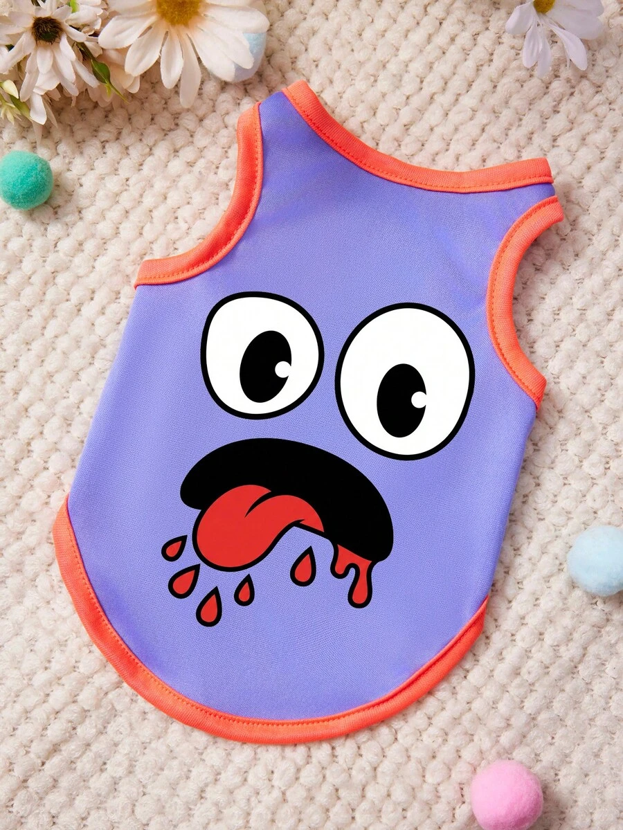 1件印花宠物背心，休闲风格，柔软透气的宠物服装，紫橙色拼接 - 彩色 - 查看 1