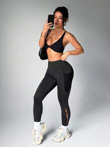 Gameset SHEIN Sport 半透明蕾丝高腰女士运动紧身裤，适合健身和户外活动 - 黑色 - 查看 8