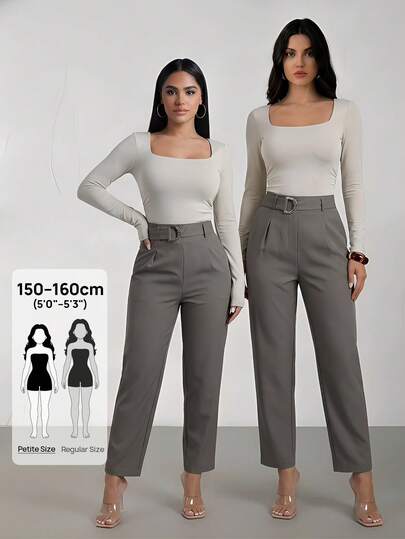 SHEIN PETITE Spring Women Belted Tapered Leg Pants