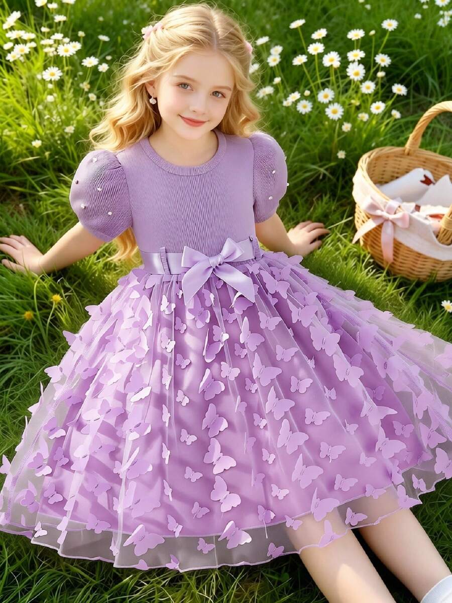 Glamorique Kids 'Young Girl' 素色圓領珍珠泡泡袖 3D 花朵優雅夏季洋裝附腰帶