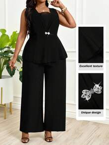 Villa Velisse Women Summer Plus-Size Black 2pcs Business Outfit,Sleeveless Square Neck Slim- Top & Straight-Leg Trousers.Autumn Elegant Mal Curve Evening Cocktail - Black - View 1