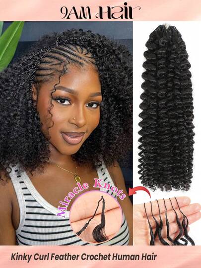 Boho Braids Cabello de crochet de milagro de cabello humano 100% Remy con línea de plumas. Trenzas de cabello de crochet de salón sedoso y sin costuras, de color negro natural. Extensiones de cabello humano rizado de milagro de crochet para mujer con cabello fino, con bucles pre-formados de micro crochet
