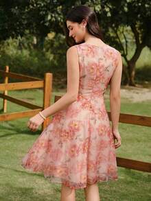 Vintamour Vestido de mujer elegante y vintage con estampado floral de organza, vestido casual de verano para vacaciones, ropa de verano, atuendos de verano para mujer, atuendos de festival, vestidos de festival, atuendo para el Día de la Madre, vestidos elegantes para mujer, vestidos elegantes para fiestas, vestidos elegantes de fiesta para mujer, vestido de invitada de boda, vestido de graduación, atuendos de vacaciones para mujer, atuendos de vacaciones para mujer, vestido de estilo campestre para mujer, vestido campestre para mujer, vestido rosa - Rosa - Ver 3