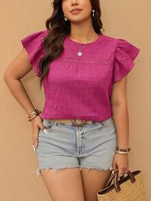 Elaquor Plus Size Casual Solid Color Flutter Sleeve Blouse - Hot Pink - View 7