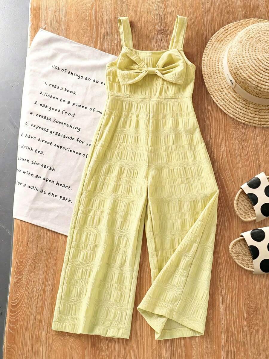Genkimix Kids Bộ áo liền quần mùa hè mới cho bé gái, kiểu dáng thường ngày, tươi mát, chất liệu vải kẻ caro có họa tiết, dây buộc nơ và eo chun. - Màu vàng - Xem 1