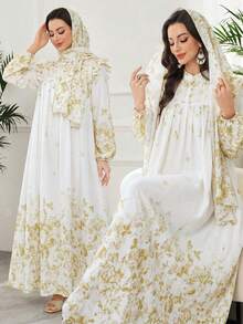 Al Najma Elegant Ruched Floral Dress With Headscarf, Arabic Style - Yellow - View 1