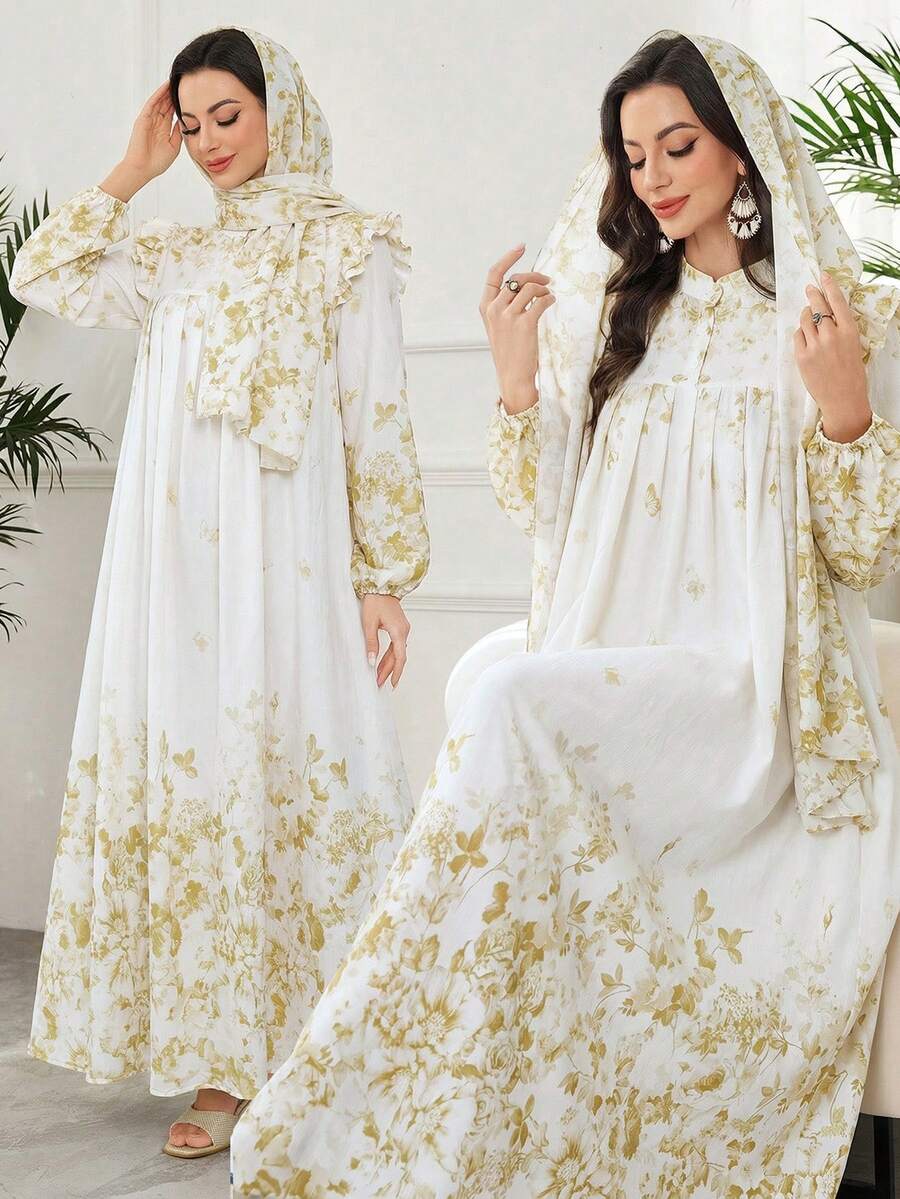 Al Najma Elegant Ruched Floral Dress With Headscarf, Arabic Style - Yellow - View 1
