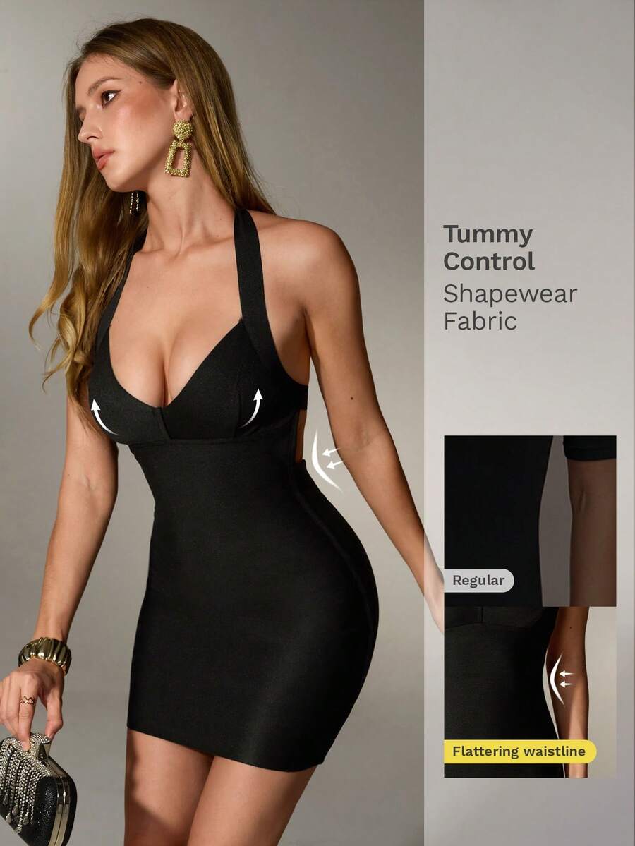 Nuvra Vestido mini ajustado de cintura con espalda descubierta y tela de vendaje, favorito para fiestas - Negro - Ver 1