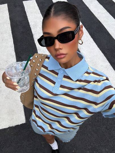 Muchica Women's Summer Striped Knit Polo Shirt, Casual Short Sleeve V-Neck Collared Top, Loose Fit Breathable Knitwear For Daily & Streetwear