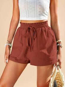 Travachic Women's Solid Color Drawstring Waist Spring Shorts - Burnt Orange - View 4