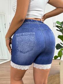 SHEIN Frenchy Quần short dáng ôm, phối ren, hiệu ứng denim, cỡ lớn. - Nhiều màu - Xem 2