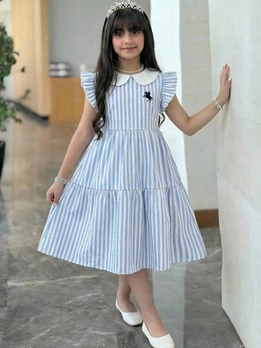 青少年女孩優雅拼色彼得潘領無袖洋裝 - 藍色 - 查看 1