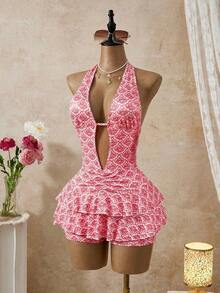 Everyssa 女士全身印花镂空性感时尚荷叶边吊带紧身连体裤，露背针织连体裤，夏季度假 - 粉色 - 查看 6