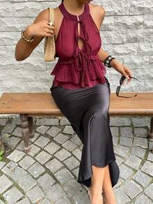 Sunnyshic Chinese Style Pattern Lace-Up Sleeveless Tank Top For Women - Burgundy - View 3