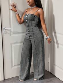BamGleam Bộ áo liền quần denim ống rộng cài cúc dành cho nữ, kiểu dáng thường ngày, thích hợp mặc hàng ngày. - Xám - Xem 5