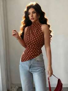 Rafferiza Áo tank top nữ màu đỏ chấm bi, dáng ôm, vạt bất đối xứng - Cà phê nâu - Xem 6