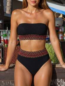 SHEIN Swim Summer Beach Strapless Bandeau Bikini Set With Weaving Detail - Black - View 3