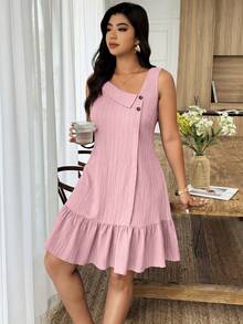 Weeklong Plus Size Women's Irregular Collar Ruffled Hem Textured Fabric Sleeveless A-Line Mini Dress, Casual Resort Wear For Spring/Summer - Dusty Pink - View 3